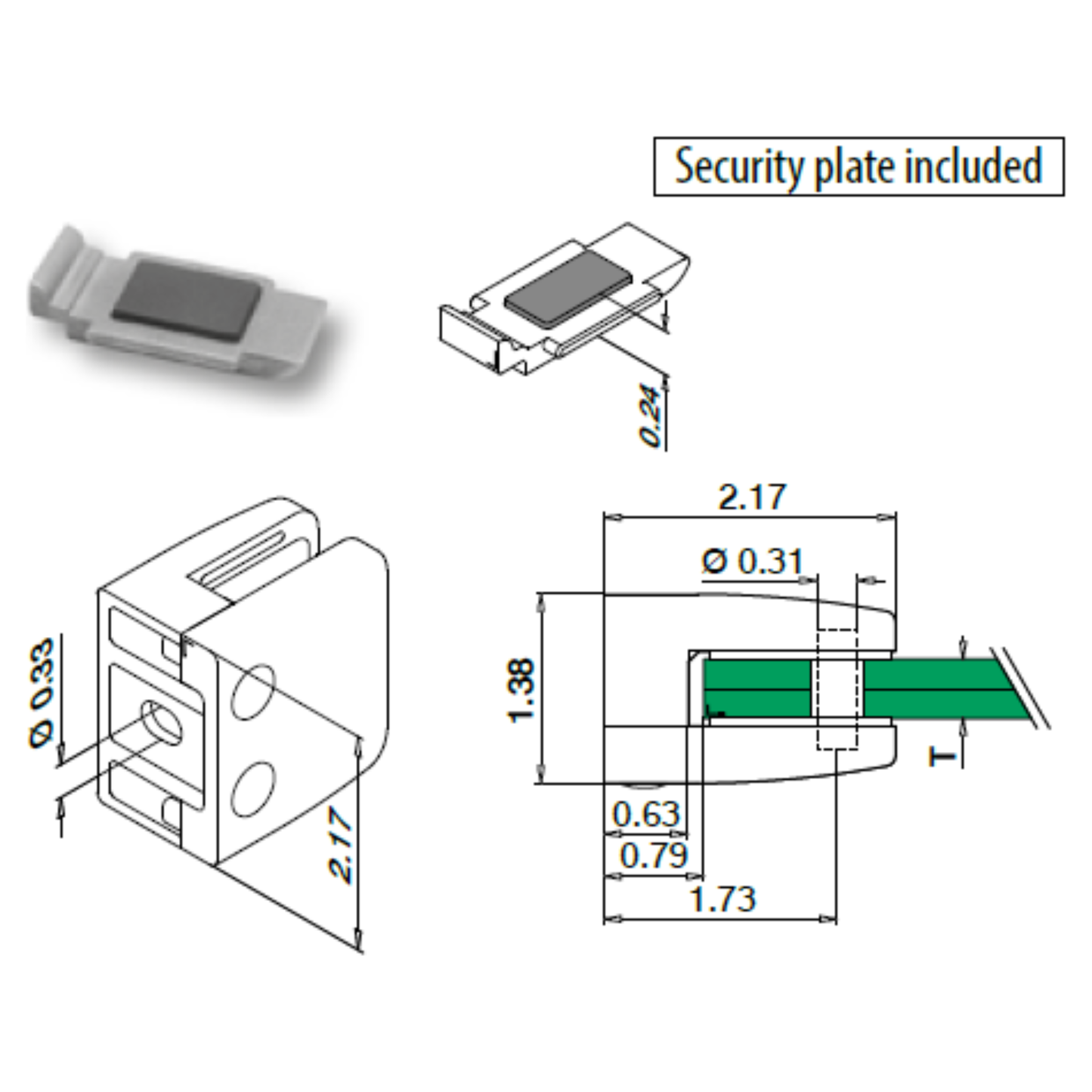 Q-Railing Square Glass Clamp | MOD 2600 | 316 Stainless Steel.